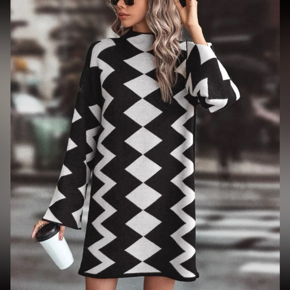 Cozy Argyle Pattern Mock Neck Sweater Dress Without Belt - Picture 3 of 5